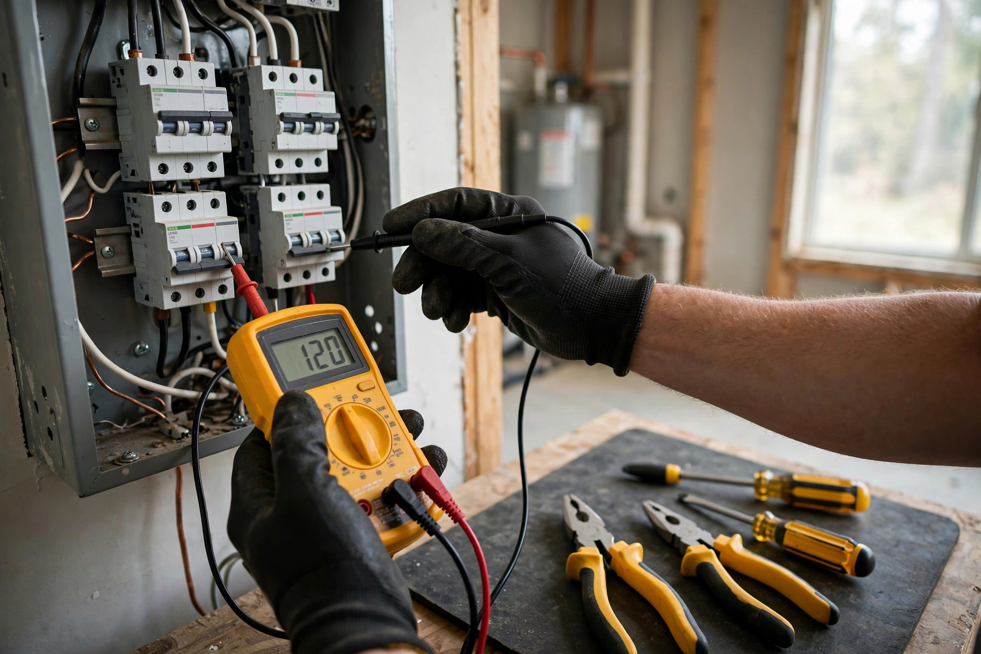 Illustration of an electrician testing a circuit breaker with a multimeter during electrical panel repair