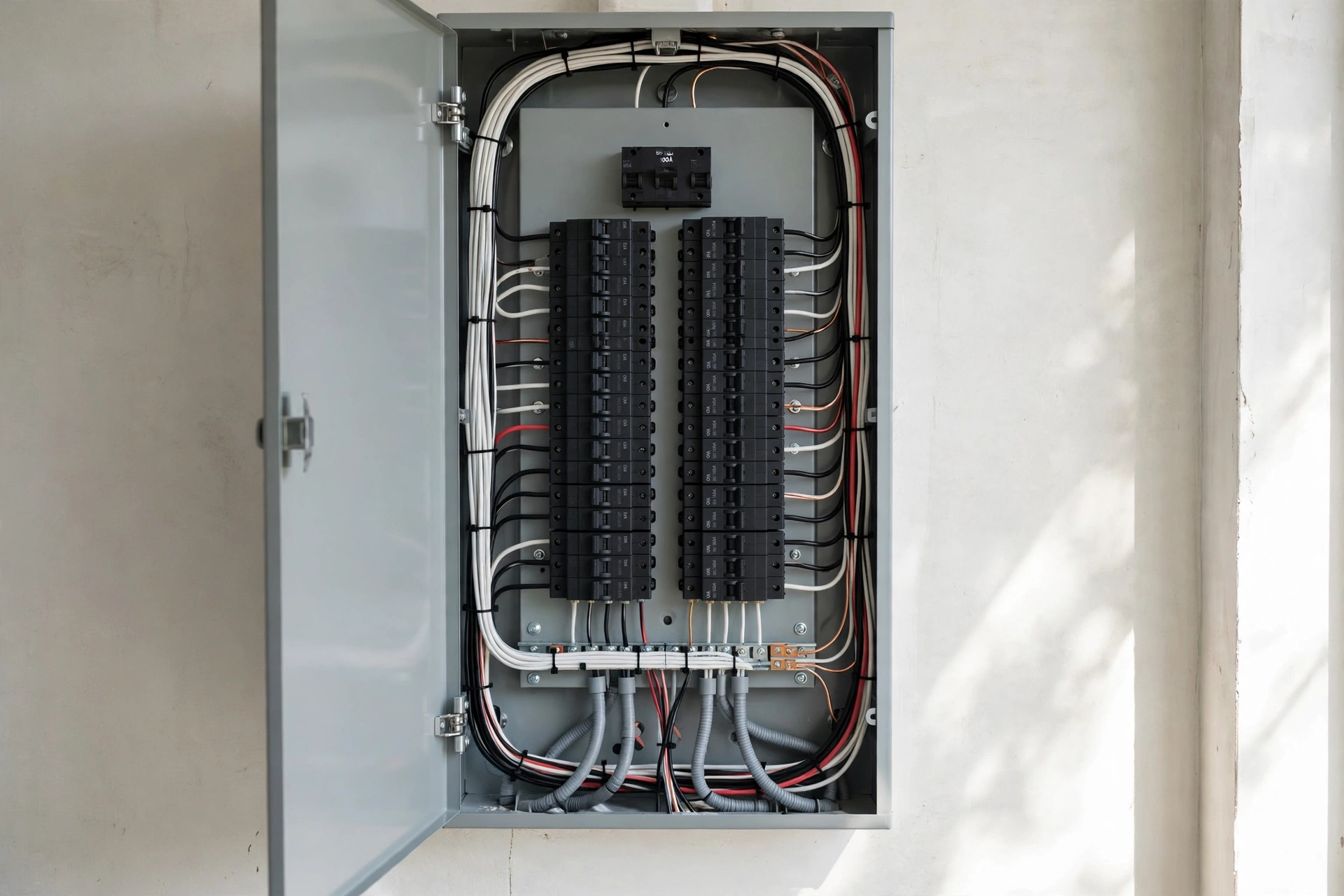 Illustration of a modern upgraded residential electrical panel with clearly labeled breakers