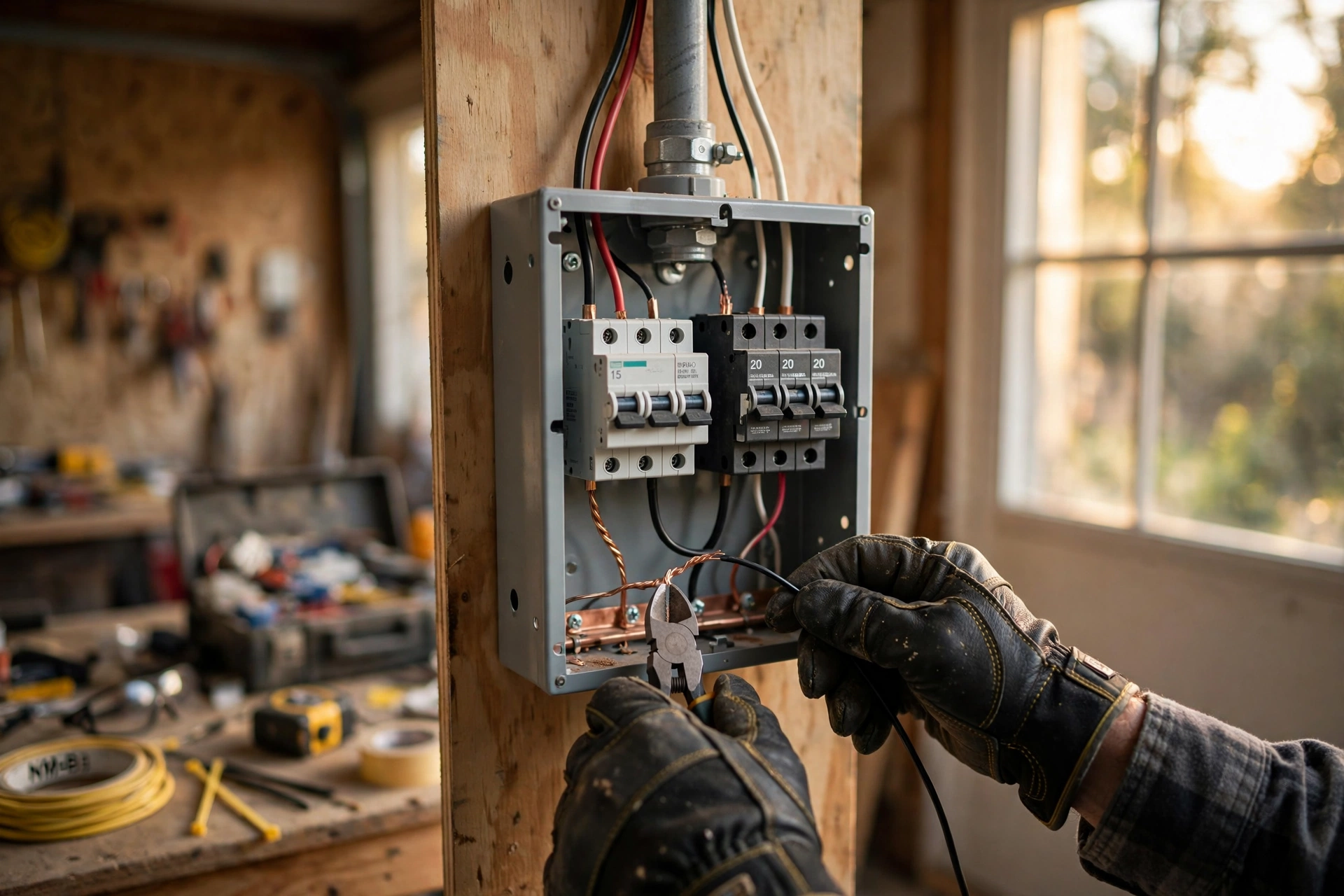 Illustration of an electrician installing a subpanel with feeder wiring in a residential garage